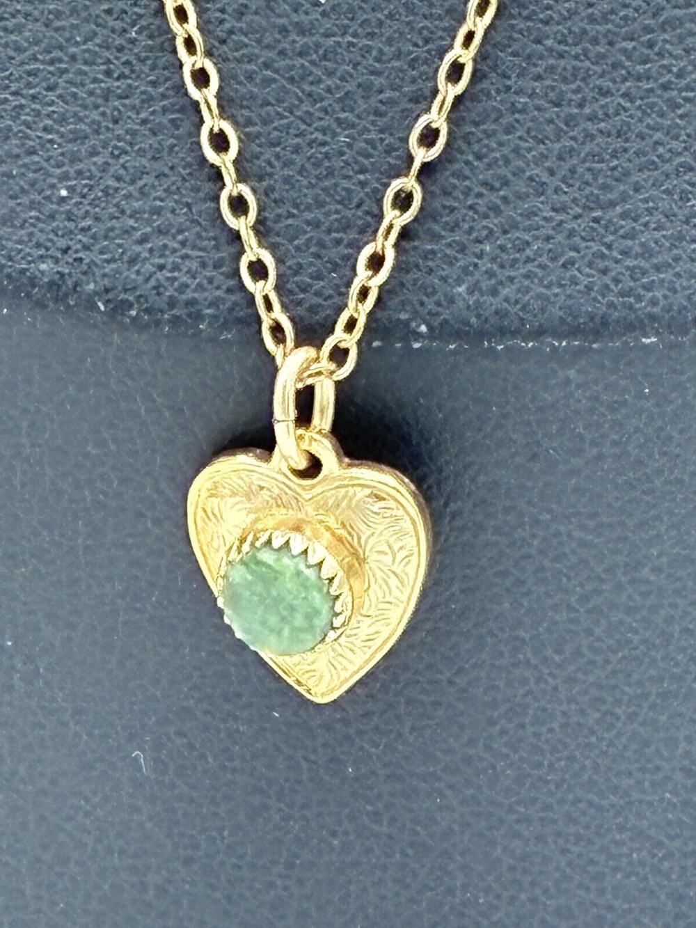 Antique 12K Gold Filled Heart Pendant Necklace Green Jade Cabochon 16 inch